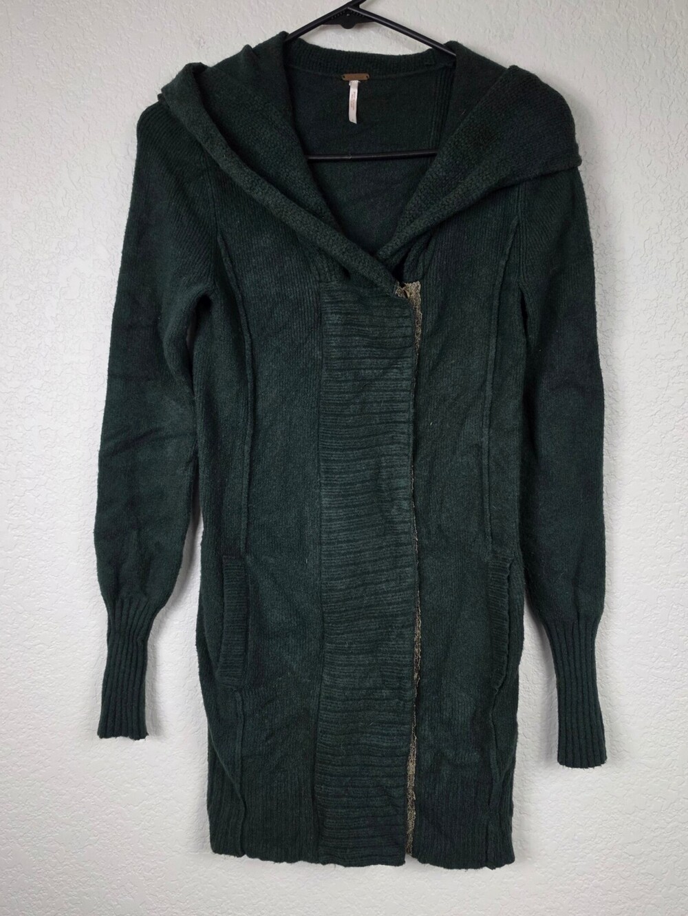 Free People Emerald Green Wool Hoodie Cardigan Sweater